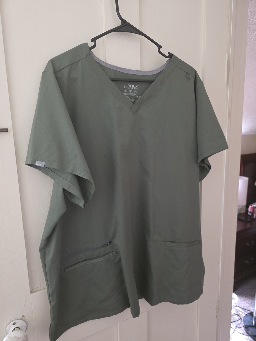 Hanes Men's Olive Green V-Neck Scrub Top